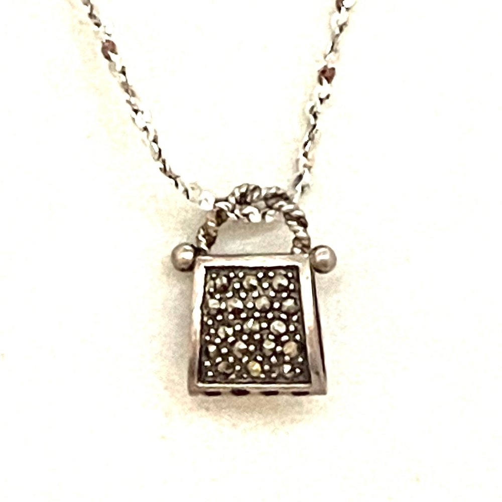 Sterling Marcasite Purse Pendant Necklace 19”